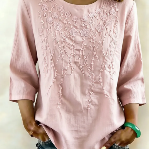 Crew Neck Half Sleeve Floral Printing Regular Micro-Elasticity Regular Fit Blouse For Women, Blouses, color:Pink|size:5XL, catalog Noracora shop