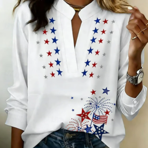 V Neck Long Sleeve Independence Day (Flag) Printing Regular Micro-Elasticity Regular Fit Blouse For Women, Blouses, color:White|size:3XL, catalog Noracora shop