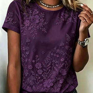 Casual Floral Crew Neck Short Sleeve T-shirt, T-shirts, color:Deep Purple|size:XXL, catalog Noracora shop