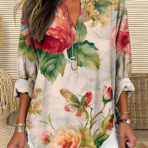 Long Sleeve Floral Regular Micro-Elasticity Loose Shirt For Women, Blouses, color:As Picture|size:4XL, catalog Noracora shop
