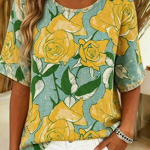 Vintage Floral Crew Neck Short Sleeve T-shirt, T-shirts, color:As Picture|size:5XL, catalog Noracora shop