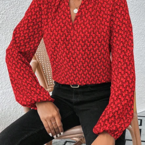V Neck Balloon Sleeve Long Sleeve Geometric Printing Regular Micro-Elasticity Loose Tunic Shirt For Women, Blouses, color:Red|size:XXL, catalog Noracora shop