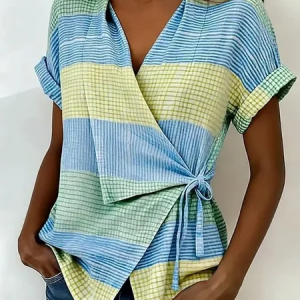 V Neck Short Sleeve Geometric Regular Regular Fit Blouse For Women, Blouses, color:Sky Blue|size:XXL, catalog Noracora shop