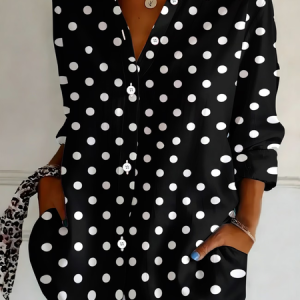 Shirt Collar Regular Sleeve Long Sleeve Polka Dots Buckle Regular Loose Button Up Shirt Shirt For Women, Shirts, color:Black|size:5XL, catalog Noracora shop