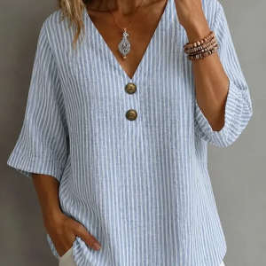 V Neck Half Sleeve Striped Regular Micro-Elasticity Loose Blouse For Women, Blouses, color:stripe-blue|size:3XL, catalog Noracora shop