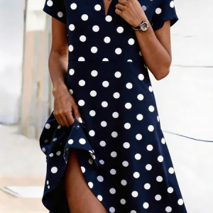 Women Polka Dots Summer Dress Shirt Collar Short Sleeve Shirt Dress A-Line Dress, Dresses, color:Purplish Blue|size:5XL, catalog Noracora shop