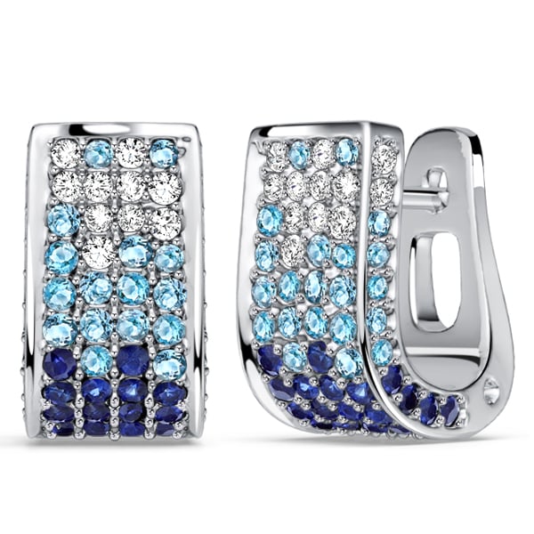 earrings - Italo Rectangle Micro Pave Blue Sapphire Hoop Earrings For Women, Italo jewelry - Online Catalog - Image 2
