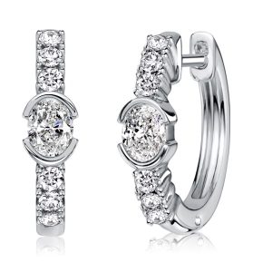 earrings - Italo Half Bezel Oval Cut White Sapphire Hoop Earrings For Women, Italo jewelry - Online Catalog