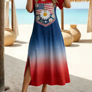 Women Floral Summer Dress V Neck Short Sleeve T-Shirt Dress A-Line Dress, Dresses, color:Red-Blue|size:4XL, catalog Noracora shop