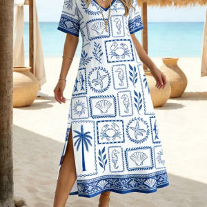 Women Shell Summer Dress V Neck Short Sleeve T-Shirt Dress A-Line Dress, Dresses, color:As Picture|size:4XL, catalog Noracora shop