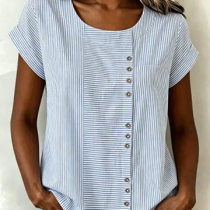 Crew Neck Short Sleeve Striped Regular Loose Shirt For Women, Blouses, color:Blue|size:5XL, catalog Noracora shop
