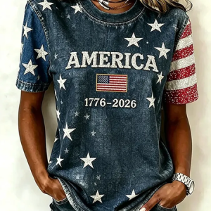 Casual Independence Day (Flag) Crew Neck Short Sleeve T-shirt, T-shirts, color:Blue|size:XXL, catalog Noracora shop