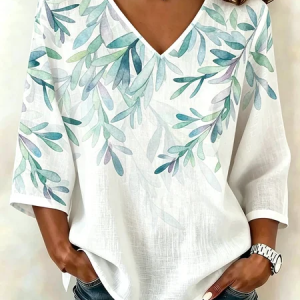 V Neck Three Quarter Sleeve Leaf Regular Loose Blouse For Women, Blouses, color:Blue|size:4XL, catalog Noracora shop
