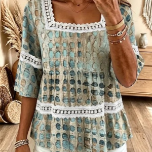 Square Neck Half Sleeve Striped Regular Micro-Elasticity Loose Blouse For Women, Blouses, color:Lightgreen|size:4XL, catalog Noracora shop