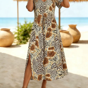 Women Leopard Summer Dress V Neck Short Sleeve T-Shirt Dress A-Line Dress, Dresses, color:As Picture|size:4XL, catalog Noracora shop