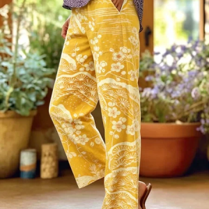Women Floral Long Pants Vintage Spring/Fall Trousers, Pants, color:Yellow|size:5XL, catalog Noracora shop