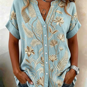 V Neck Short Sleeve Floral Regular Regular Fit Shirt For Women, Shirts, color:Green|size:4XL, catalog Noracora shop