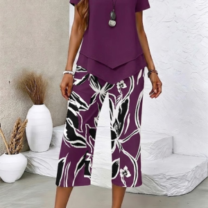 Women Abstract Printing Two-Piece Set Daily Short Sleeve Casual Summer Top With Pants Matching Set, Sets, color:Purple|size:5XL, catalog Noracora shop