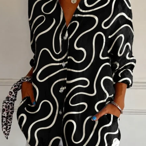 Shirt Collar Long Sleeve Abstract Regular Micro-Elasticity Loose Shirt For Women, Shirts, color:Black|size:5XL, catalog Noracora shop
