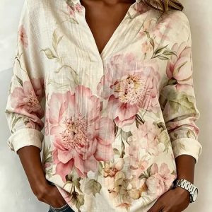 Shirt Collar Long Sleeve Floral Regular Loose Shirt For Women, Blouses, color:As Picture|size:5XL, catalog Noracora shop