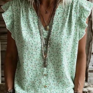 Vintage Ditsy Floral Cap Sleeve T-shirt, T-shirts, color:Green|size:5XL, catalog Noracora shop