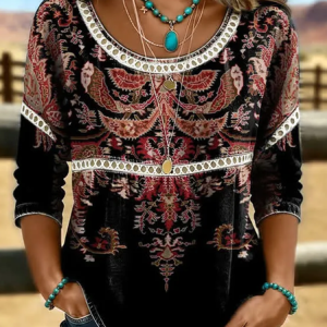 Crew Neck Half Sleeve Ethnic Printing Regular Micro-Elasticity Loose Blouse For Women, Blouses, color:Black|size:4XL, catalog Noracora shop