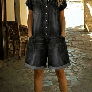 Women Plain Shawl Collar Short Sleeve Vintage Summer Denim Jumpsuit, Jumpsuits&Rompers, color:Black|size:4XL, catalog Noracora shop