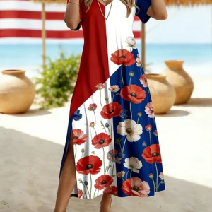 Women Floral Summer Dress V Neck Short Sleeve T-Shirt Dress A-Line Dress, Dresses, color:As Picture|size:4XL, catalog Noracora shop