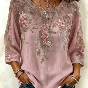 Crew Neck Three Quarter Sleeve 3D Printing Regular Loose Blouse For Women, Blouses, color:As Picture|size:5XL, catalog Noracora shop