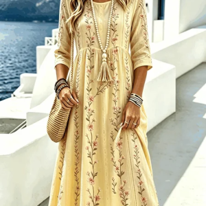 Women Floral Spring/Fall Dress Crew Neck Three Quarter Sleeve A-Line Dress, Dresses, color:Yellow|size:4XL, catalog Noracora shop