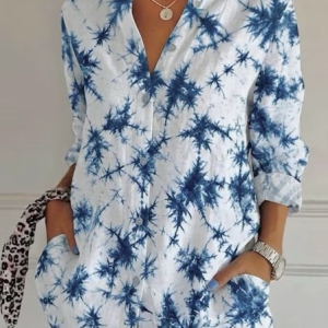 Shirt Collar Long Sleeve Abstract Regular Micro-Elasticity Loose Shirt For Women, Shirts, color:Floral-white blue|size:5XL, catalog Noracora shop