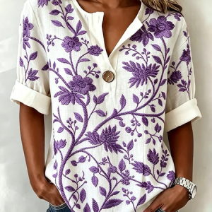 V Neck Half Sleeve Floral Regular Loose Shirt For Women, Blouses, color:Purple|size:5XL, catalog Noracora shop