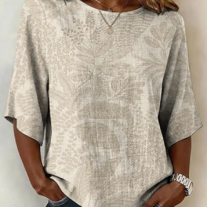 Crew Neck Half Sleeve Leaf Printing Regular Micro-Elasticity Regular Fit Blouse For Women, Blouses, color:Light Khaki|size:5XL, catalog Noracora shop