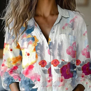 Shawl Collar Long Sleeve Floral Regular Micro-Elasticity Loose Shirt For Women, Shirts, color:As Picture|size:M, catalog Noracora shop