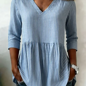 V Neck Long Sleeve Striped Regular Loose Shirt For Women, Blouses, color:Blue|size:5XL, catalog Noracora shop