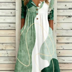 Women Geometric Summer Dress Half Open Collar Half Sleeve A-Line Dress, Dresses, color:Green|size:4XL, catalog Noracora shop