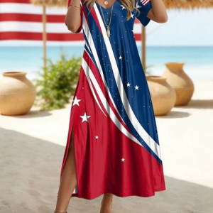 Women America Flag Summer Dress V Neck Short Sleeve T-Shirt Dress A-Line Dress, Dresses, color:As Picture|size:4XL, catalog Noracora shop