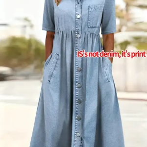 Women Faux Denim Print Graphic Summer Dress Crew Neck Half Sleeve A-Line Dress, Dresses, color:Denim Blue|size:5XL, catalog Noracora shop