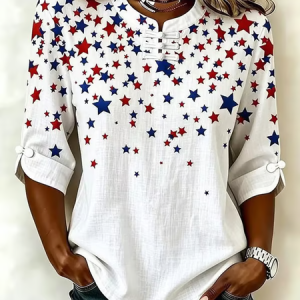 Mandarin Collar Half Sleeve Star Printing Regular Micro-Elasticity Regular Fit Blouse For Women, Blouses, color:White|size:5XL, catalog Noracora shop