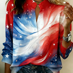 V Neck Long Sleeve Independence Day (Flag) Printing Regular Micro-Elasticity Regular Fit Blouse For Women, Blouses, color:As Picture|size:3XL, catalog Noracora shop