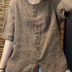 Shirt Collar Short Sleeve Plain Regular Loose Shirt For Women, Blouses, color:Khaki|size:3XL, catalog Noracora shop