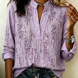 V Neck Long Sleeve Abstract Printing Regular Micro-Elasticity Regular Fit Blouse For Women, Blouses, color:Purple|size:3XL, catalog Noracora shop