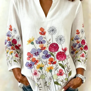 V Neck Long Sleeve Floral Regular Loose Blouse For Women, Blouses, color:White|size:5XL, catalog Noracora shop