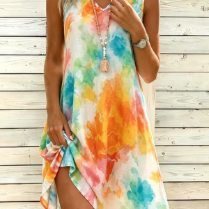 Women Tie Dye Summer Dress V Neck Sleeveless Tank A-Line Dress, Dresses, color:As Picture|size:4XL, catalog Noracora shop