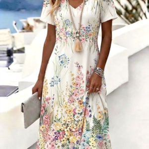 Women Floral Summer Dress V Neck Short Sleeve A-Line Dress, Dresses, color:As Picture|size:4XL, catalog Noracora shop