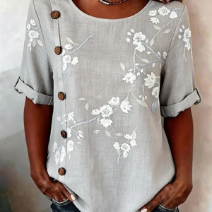 Crew Neck Short Sleeve Floral Lightweight Loose Shirt For Women, Blouses, color:Gray|size:5XL, catalog Noracora shop