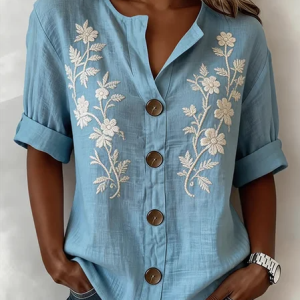Stand Collar Long Sleeve Floral Regular Loose Shirt For Women, Shirts, color:Blue|size:4XL, catalog Noracora shop