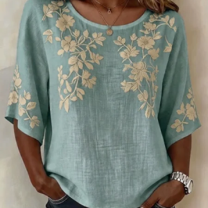 Crew Neck Half Sleeve Floral Lightweight Loose Shirt For Women, Blouses, color:Cyan|size:5XL, catalog Noracora shop