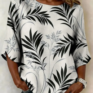 Crew Neck Half Sleeve Leaf Printing Regular Micro-Elasticity Regular Fit Blouse For Women, Blouses, color:White|size:5XL, catalog Noracora shop