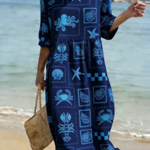 Women Ocean Pattern Summer Dress Crew Neck Short Sleeve Fit & Flare Dress A-Line Dress, Dresses, color:Navyblue|size:4XL, catalog Noracora shop